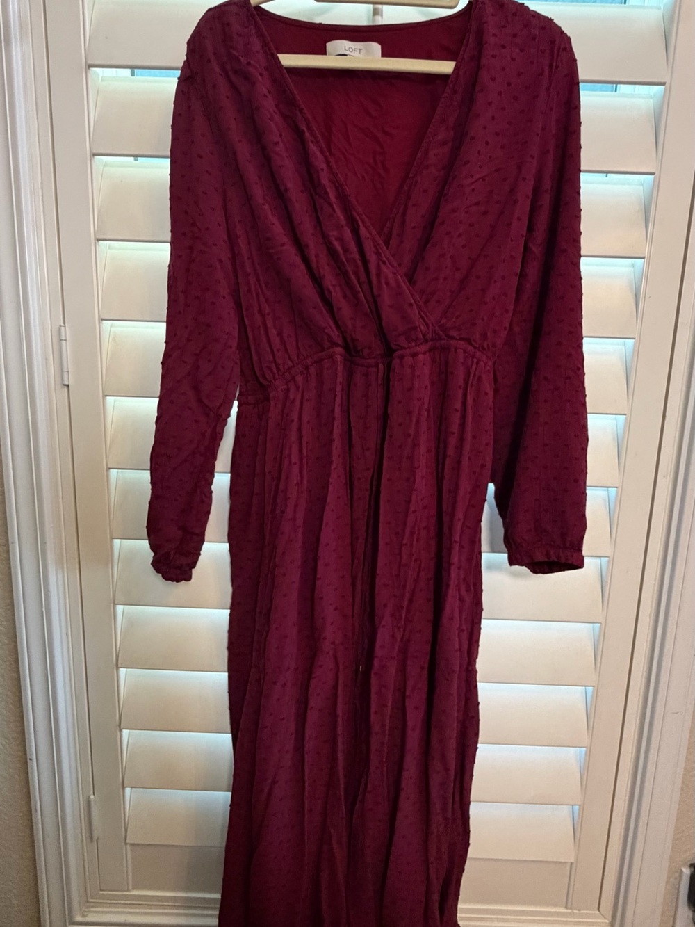 LOFT Burgundy Long Sleeve Swiss Dot Maxi Wrap Dress